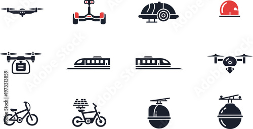 Collection of various transportation icons including drones and vehicles