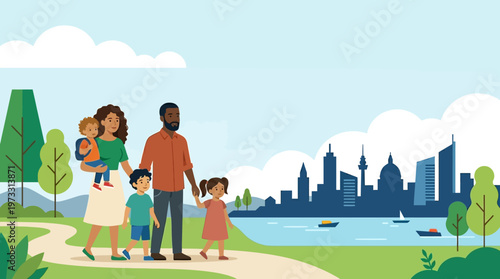 Happy Diverse Family Walking in City Park with Skyline Background, Vector Illustration of Multi-ethnic Parents and Children Enjoying Outdoors