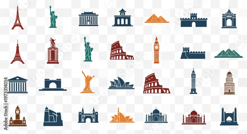 Set of world landmarks and monuments travel icons illustration featuring cities like Paris London and New York in vector style