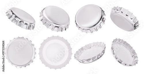 Set of Isolated shiny silver chrome crown cork bottle caps floating in dynamic angles showcasing both reflective tops and crisp white undersides. 3D rendered beverage packaging mockup.