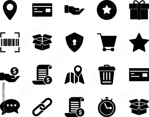 E-commerce and shopping interface vector icon set, location, credit card, gift, barcode, shopping cart, security, bill, map, stopwatch