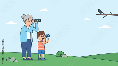 Grandmother and Grandson Birdwatching with Binoculars in Nature Vector Illustration