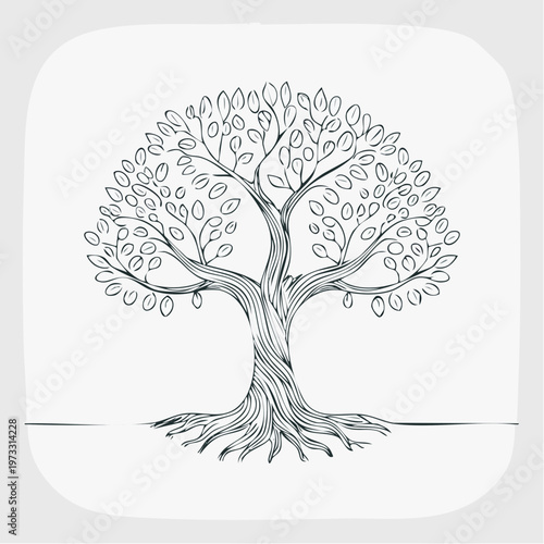 Hand-drawn illustration of a mature tree with extensive roots and lush foliage.
