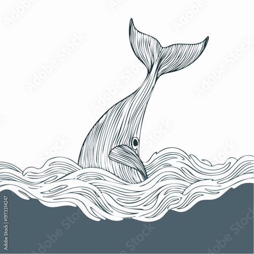 Majestic whale emerging from ocean waves in detailed line art.