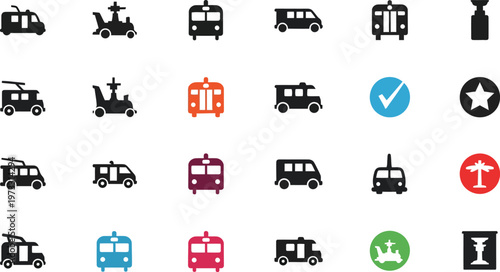 Collection of various transportation icons and symbols in different colors and designs on white background