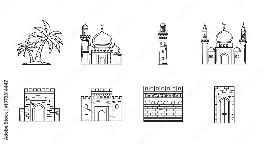 Naklejka premium Collection of Islamic architecture and desert elements in line art style
