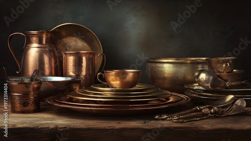 Antique Indian Copper and Brass Tableware Set with Traditional Utensils on Vintage Wood