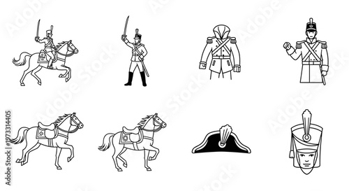 Collection of historical military figures and attire in a line art style