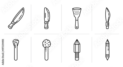 Collection of primitive tools and weapons icons, including knives and spears