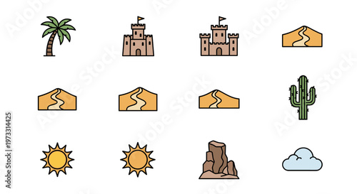 Collection of desert and oasis themed flat icons with a clean design