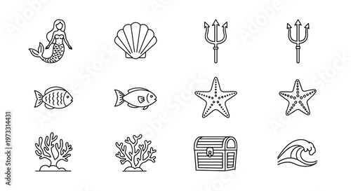 Collection of simple line art icons representing ocean life and treasures