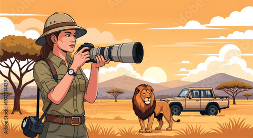 Woman photographer taking photos of a lion in the African savanna with a safari jeep illustration