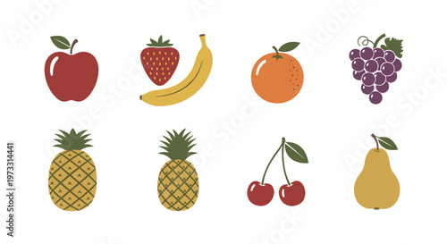 Colorful vector illustrations of various fruits in a stylish layout