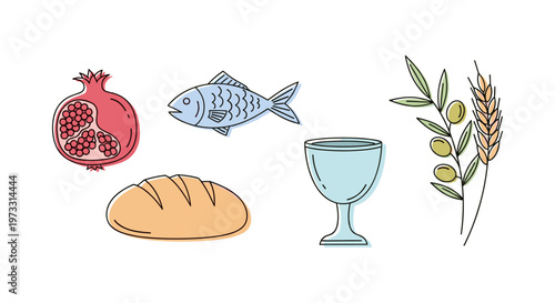 Religious symbols of bread, fish, pomegranate, olives, and wheat in a simple line art style