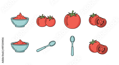Collection of stylized tomato paste bowls, whole tomatoes, and spoons