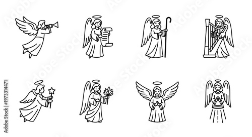 Collection of eight line art angels with halos and wings, each holding a different object