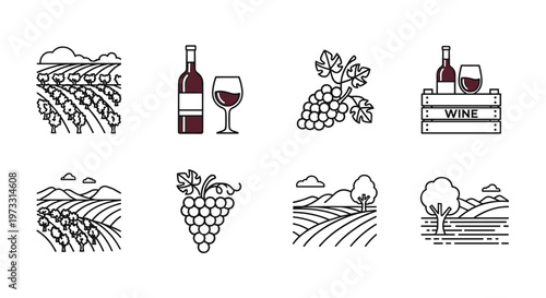 Collection of line art icons representing vineyards, wine bottles, grapes, and landscapes