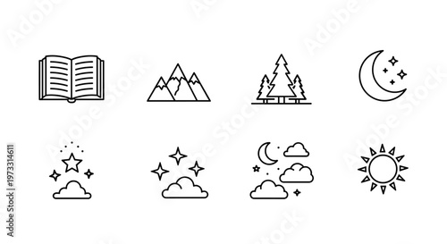 Collection of simple line art icons representing nature and celestial elements