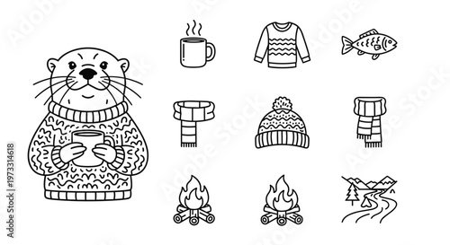 Cute otter in a cozy sweater holding a warm mug, surrounded by winter icons