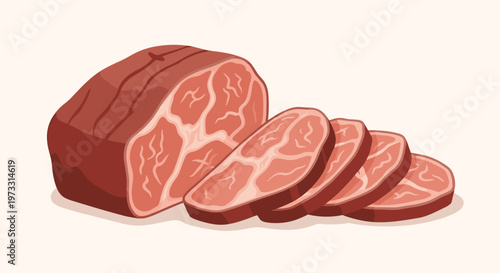 A succulent piece of premium marbled raw beef rests beside several thick slices displaying intricate white fat patterns against a soft cream background.