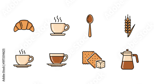 Collection of breakfast icons including coffee, croissant, and baked goods