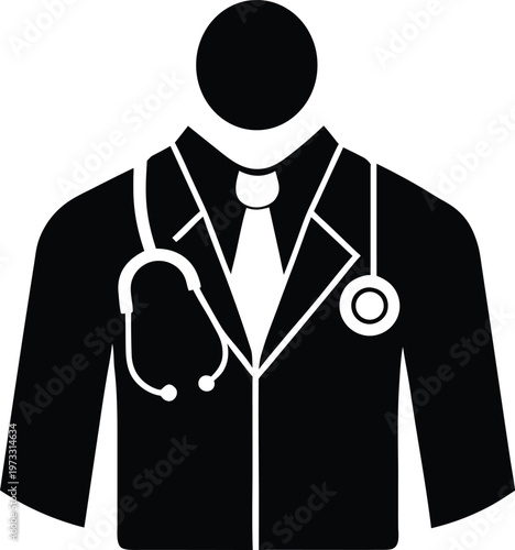 black and white vector icon of a doctor wearing a lab coat, tie, and stethoscope