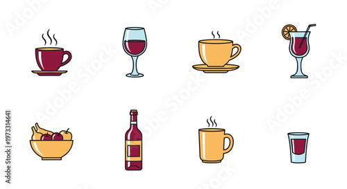 Collection of various beverages and fruits in a simple flat icon style