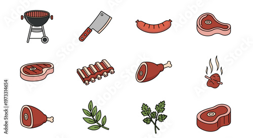 Collection of barbecue and meat icons for grilling and cooking