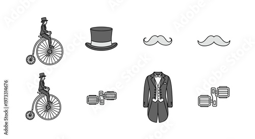 Vintage gentleman's attire and transportation elements on a white background