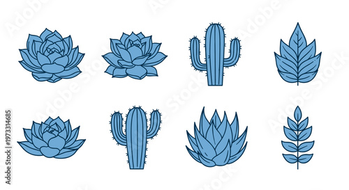 Collection of stylized blue succulents and cacti illustrations on a white background