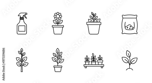 Gardening icons set with plants, spray bottle, and fertilizer bag