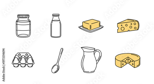 Collection of dairy products and eggs in a simple line art style