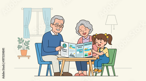 Happy Grandparents and Granddaughter Planning a World Trip Together with a Travel Brochure, Intergenerational Family Bonding Illustration