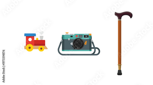 Life Stages Concept Flat Illustration Representing Childhood, Adulthood and Senior Years with Toy Train, Vintage Camera and Walking Cane