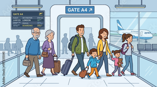 Happy Multi-Generational Family Walking to Airport Gate for Vacation Trip; Cartoon Illustration of Parents, Children and Grandparents with Luggage Boarding Flight