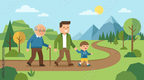 Three Generations of Men Walking on a Nature Path Illustration - Flat Vector Design