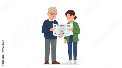 Senior Man and Young Woman Planning European Vacation with Travel Itinerary Map, Intergenerational Family Trip Concept Vector Illustration