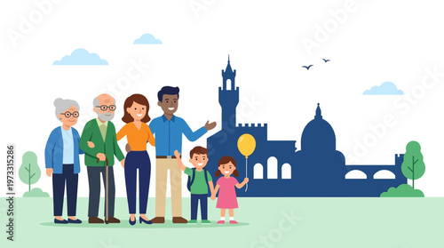 Multigenerational Happy Family Traveling in Florence, Italy - Diverse Family on Vacation Sightseeing Historical Landmarks, Flat Vector Illustration