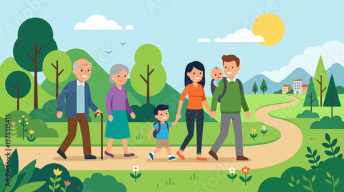 Happy Multi-generational Family Walking Together in a Scenic Park; Flat Vector Illustration of Grandparents, Parents, and Children Enjoying a Healthy Outdoor Hike