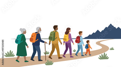 Multi-generational Family Hiking Together on a Winding Path toward Mountains, Flat Illustration of Diverse People with Backpacks