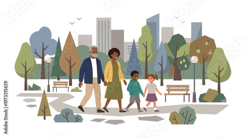 Happy African American Multi-Generational Family Walking in City Park, Flat Vector Illustration of Senior Grandparents and Grandchildren Enjoying Outdoor Leisure Time