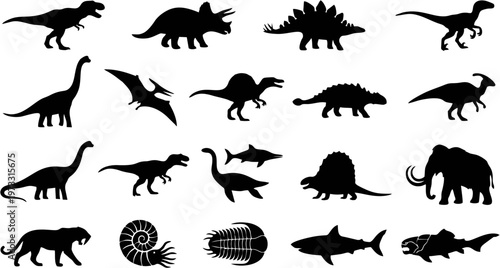 Mega collection of 20 dinosaur prehistoric creature silhouettes solid black shapes vector