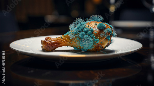 A dangerously spoiled roasted poultry drumstick, meticulously covered in striking bright blue, abstract, fuzzy, and spiky microbial growths, resting on a clean white plate, creating a visually