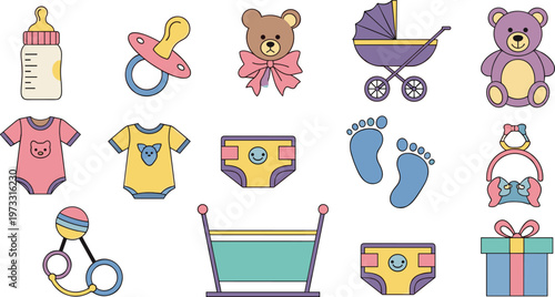 Baby Shower Vector Set with Teddy Bear Stroller Clothes Toys Isolated on White Background