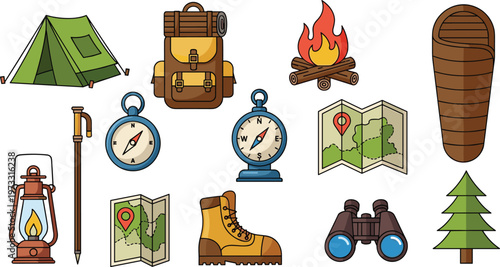 Camping Adventure Vector Set with Tent Backpack Campfire Compass Map Binoculars Isolated on White Background