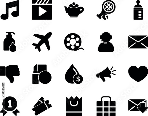 Diverse general purpose interface vector icon set, music, video, teapot, hairdryer, baby bottle, airplane, support, email, megaphone, heart, tickets, shopping