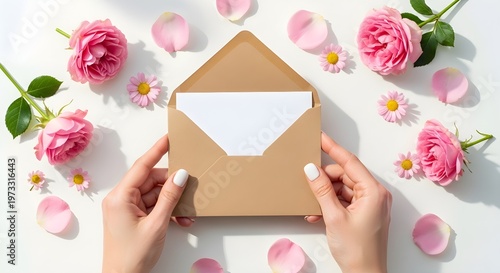 Hands holding an open envelope with a blank card surrounded by pink roses and petals isolated on white background