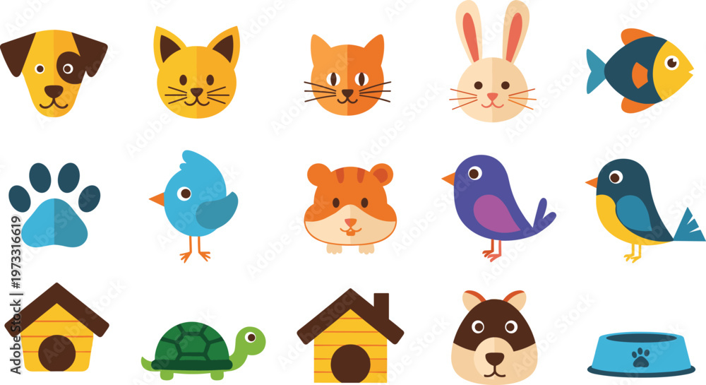 Obraz premium Cute Pet Animals Vector Set with Dog Cat Rabbit Bird Fish Turtle Icons Isolated on White Background
