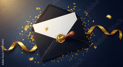 Elegant black envelope with a blank white card, gold wax seal, and stamp, surrounded by golden confetti and ribbons on a dark blue background