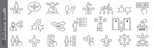 Decision making and voting icon set – editable outline symbols of choice, selection, poll, ballot, yes no and business strategy